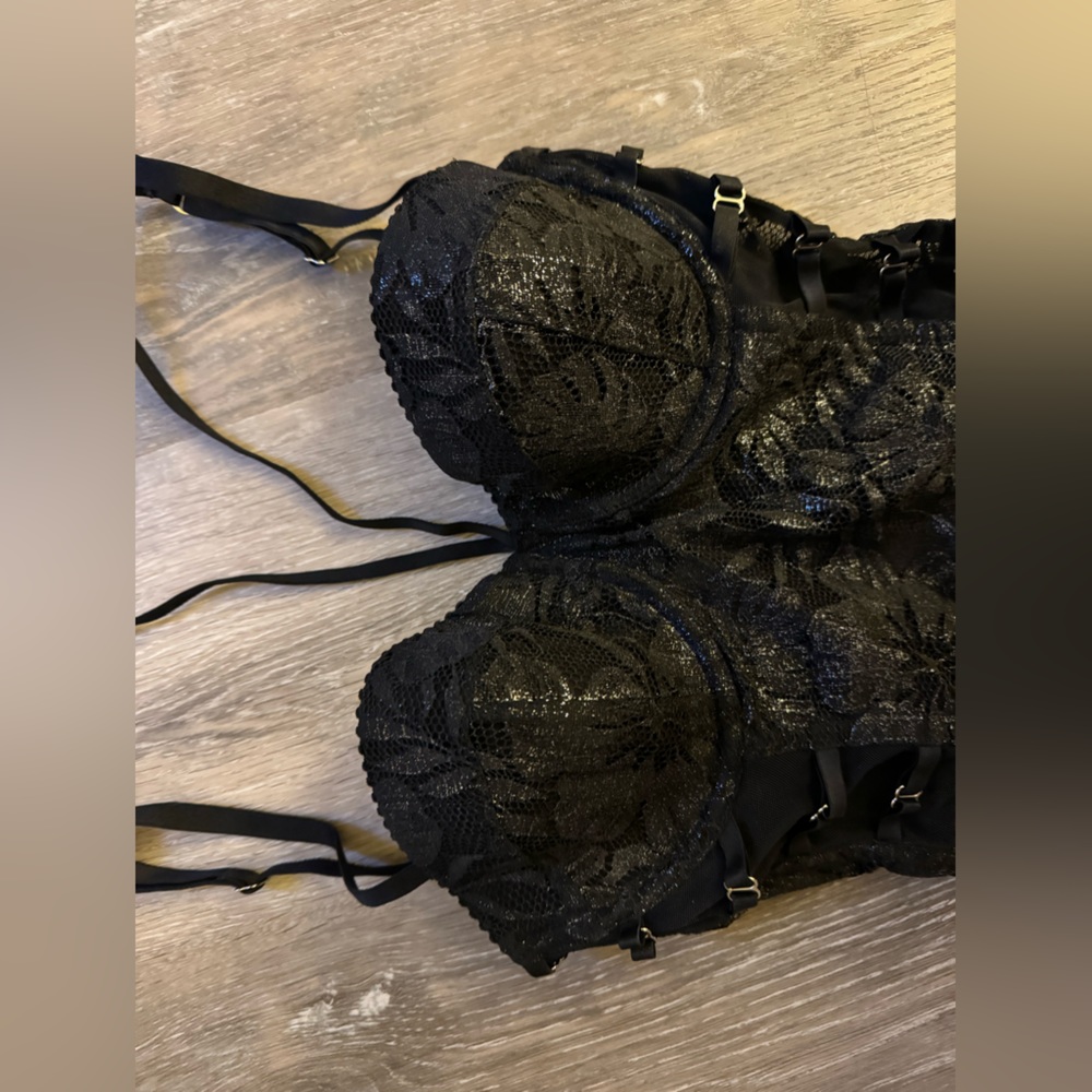 Backless strappy shine lace lingerie bodysuit 34b
